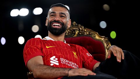 Mohamed Salah of Liverpool signs a new contract extension at Anfield on April 11, 2025 in Liverpool, England.