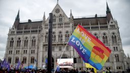 A rally in front of the Hungarian Parliament in Budapest, Hungary, on April 14, 2025, after legislation outlawing LGBTQ gatherings was passed.
