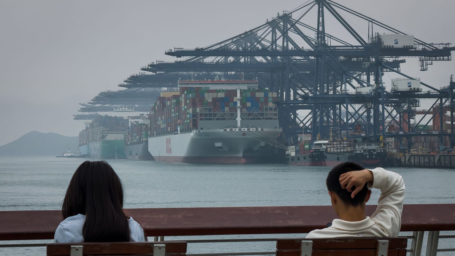 Container ships are pictured docked at the Yantian International Container Terminals in Shenzhen, China, on April 11, 2025.