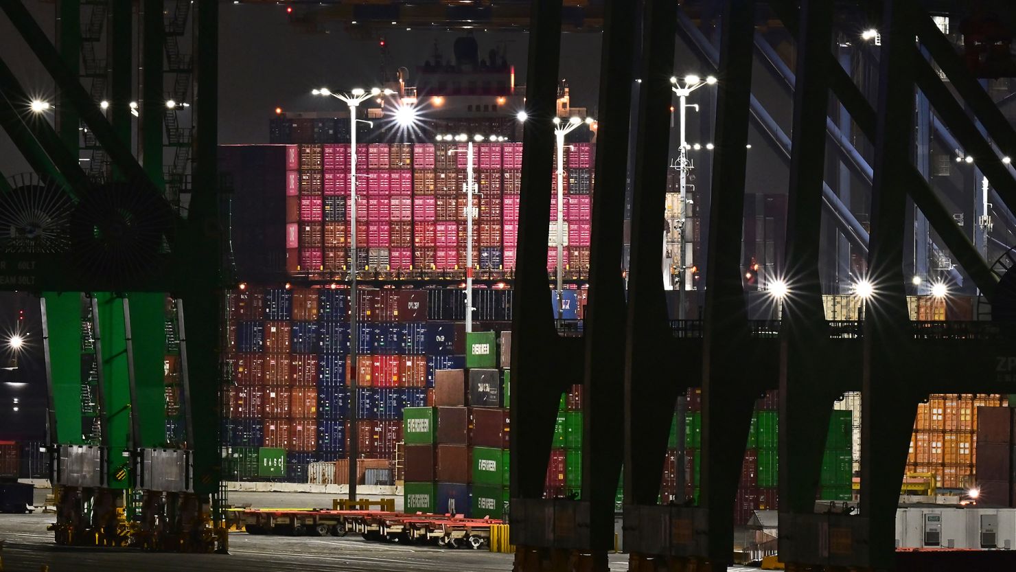 Shipping containers stacked high at the Port of Los Angeles on April 14, 2025, in Los Angeles. Imports arriving at the country's busiest seaport could see a slowdown by May as orders are paused in response to President Donald Trump's tariffs on China and other countries.