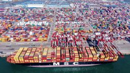 A container ship is seen at the port in Qingdao, in China's eastern Shandong province on April 15, 2025.