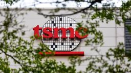The logo of Taiwan Semiconductor Manufacturing Company (TSMC), which is a Taiwanese multinational semiconductor contract manufacturing and design company, in Hsinchu, Taiwan, on April 16, 2025.