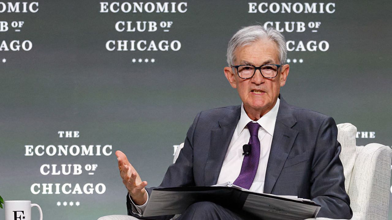 US Federal Reserve Chair Jerome Powell speaks at the Economic Club of Chicago on April 16, 2025, in Chicago, Illinois. US President Donald Trump's tariffs will likely push up prices and constrain growth, and could put the US Federal Reserve in the unenviable position of having to choose between tackling inflation and unemployment, Powell said Wednesday. US markets fell following Powell's remarks, with the tech-rich Nasdaq Composite down 3.4 percent at around 12:50 pm local time in Chicago (1750 GMT). (Photo by KAMIL KRZACZYNSKI / AFP) (Photo by KAMIL KRZACZYNSKI/AFP via Getty Images)