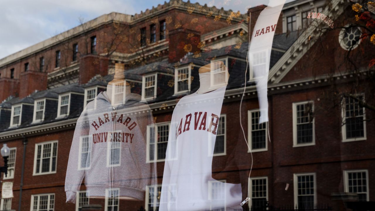 Harvard University merchandise is displayed in a store window across from campus in Cambridge, Massachusetts, on April 16.