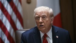 US President Donald Trump speaks before a luncheon with Italian Prime Minister Giorgia Meloni in the Cabinet Room of the White House, in Washington, DC, on April 17, 2025. Italy's Prime Minister Giorgia Meloni meets with Donald Trump Thursday in Washington, hoping a personal charm offensive can help convince the US president to cut a more favourable deal on EU tariffs. (Photo by Brendan SMIALOWSKI / AFP) (Photo by BRENDAN SMIALOWSKI/AFP via Getty Images)