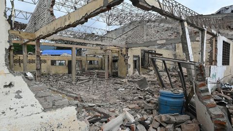 View of a destroyed building after a police station was attacked with explosives in Mondomo, Santander de Quilichao municipality, Cauca department, Colombia, on April 17, 2025. (Photo by JOAQUIN SARMIENTO / AFP) (Photo by JOAQUIN SARMIENTO/AFP via Getty Images)          