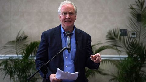 Senator Chris Van Hollen speaks during a press conference at a hotel in San Salvador on Thursday.
