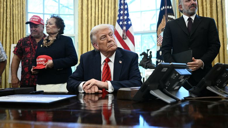 President Donald Trump speaks in the Oval Office of the White House in Washington, DC, on Thursday.