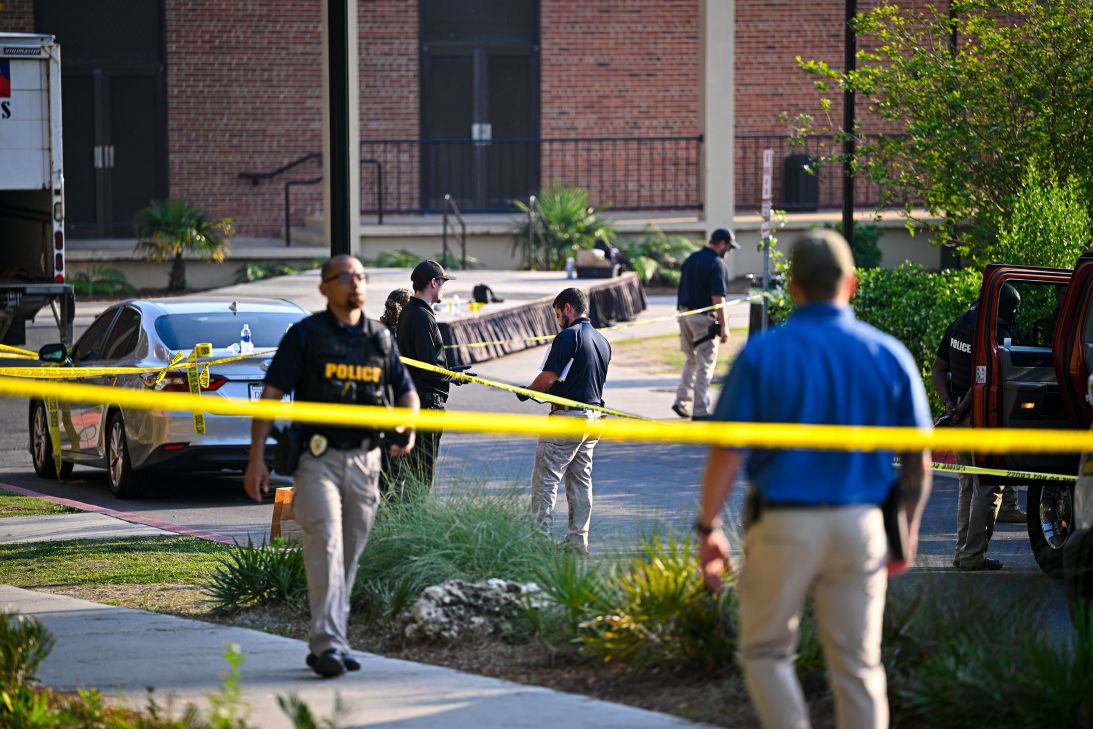 Police investigate the scene of a shooting near the student union at Florida State University on April 17, 2025, in Tallahassee, Florida.