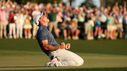 AUGUSTA, GEORGIA - APRIL 13: Rory McIlroy of Northern Ireland celebrates winning the 2025 Masters Tournament after the first playoff hole on the 18th green at Augusta National Golf Club on April 13, 2025 in Augusta, Georgia. (Photo by Richard Heathcote/Getty Images)