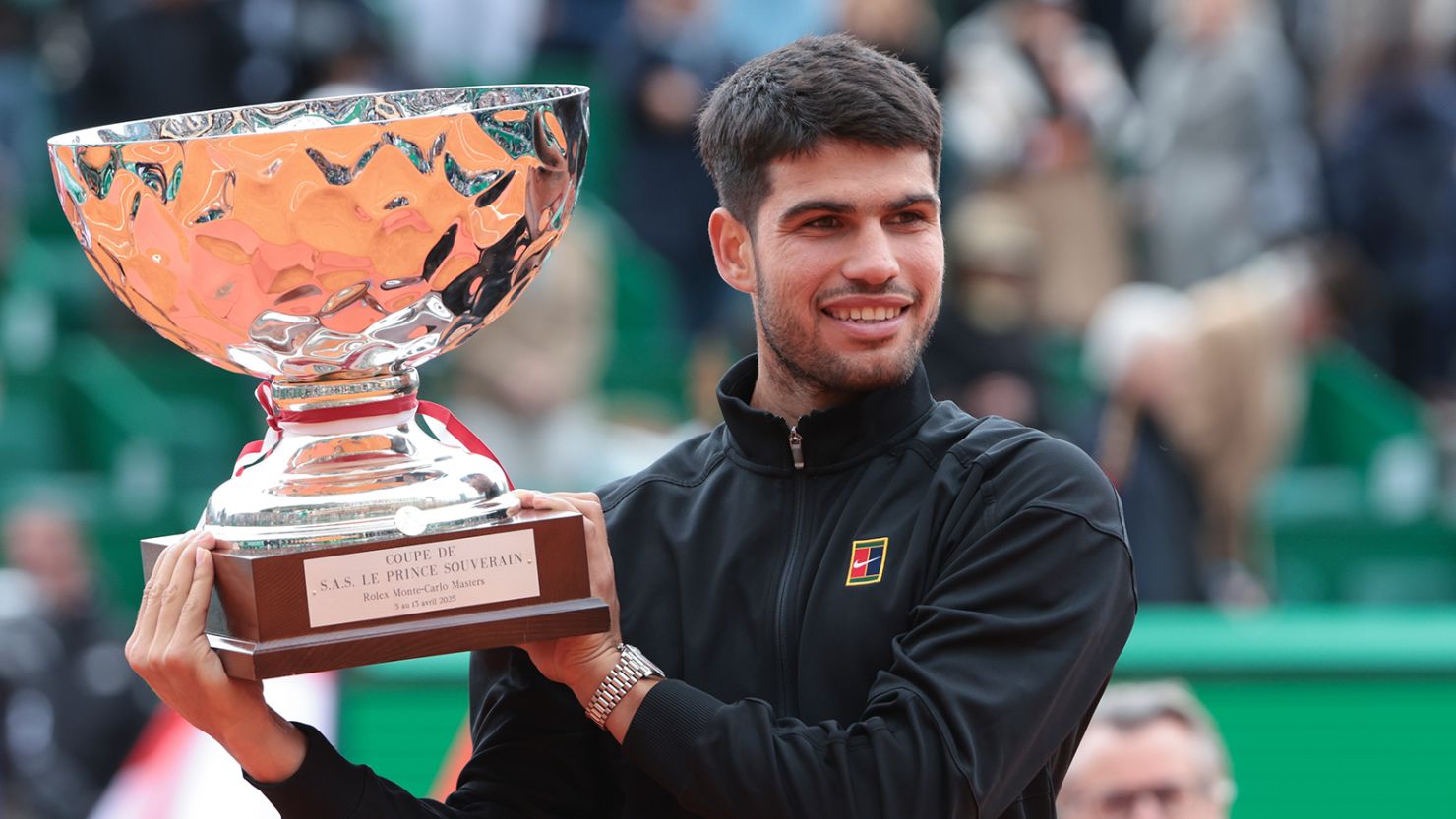 Carlos Alcaraz celebrates winning the Monte-Carlo Masters.