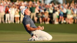 AUGUSTA, GEORGIA - APRIL 13: Rory McIlroy of Northern Ireland celebrates winning the 2025 Masters Tournament after the playoff hole on the 18th green during the final round of the 2025 Masters Tournament at Augusta National Golf Club on April 13, 2025 in Augusta, Georgia. (Photo by Richard Heathcote/Getty Images)
