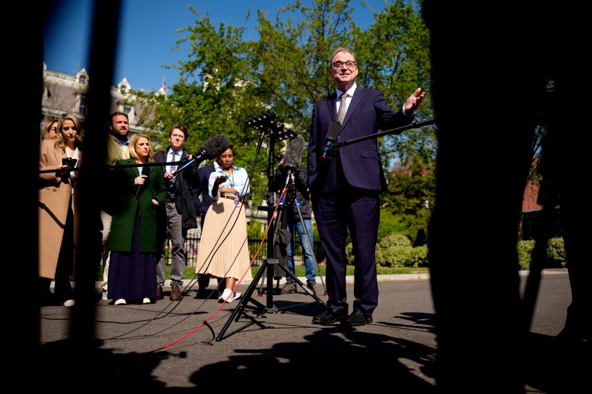 White House National Economic Council Director Kevin Hassett speaks outside the White House on April 18, 2025, in Washington, DC.