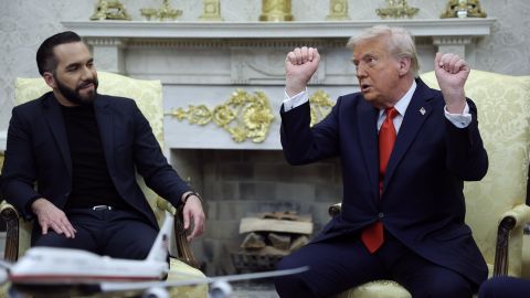 WASHINGTON, DC - APRIL 14: U.S. President Donald Trump  meets with President Nayib Bukele of El Salvador in the Oval Office of the White House April 14, 2025 in Washington, DC. Trump and Bukele were expected to discuss a range of bilateral issues including the detention of Kilmar Armando Abrego Garcia, who has been held in a prison in El Salvador since March 15.  (Photo by Win McNamee/Getty Images)