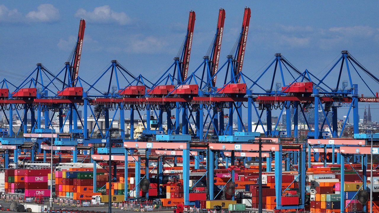 HAMBURG, GERMANY - APRIL 15: In this aerial view shipping containers and cranes stand at Hamburg Port on April 15, 2025 in Hamburg, Germany. A 90-day pause by the European Union on reciprocal tariffs against the USA went into effect today. EU Trade Commissioner Maros Sefcovic was in Washington D.C. yesterday in an effort to negotiate with the administration of U.S. President Donald Trump over defusing the the threat of escalating tariffs. (Photo by Sean Gallup/Getty Images)