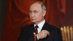 Russia's President Vladimir Putin attends an Orthodox Easter service at the Christ the Saviour Cathedral in Moscow on Sunday.
