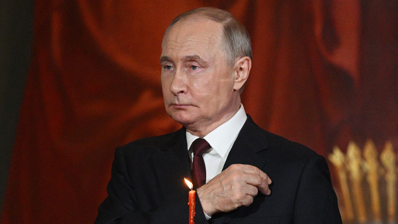 Russia's President Vladimir Putin attends an Orthodox Easter service at the Christ the Saviour Cathedral in Moscow early on April 20, 2025.
