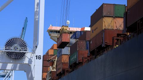 Shipping containers are stacked on a cargo ship as they are offloaded at PortMiami on April 15, 2025 in Miami, Florida.