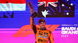 Oscar Piastri of the McLaren F1 Team celebrates on the podium during the 5th round of the Formula 1 World Championship in Jeddah, Saudi Arabia, on April 20, 2025.