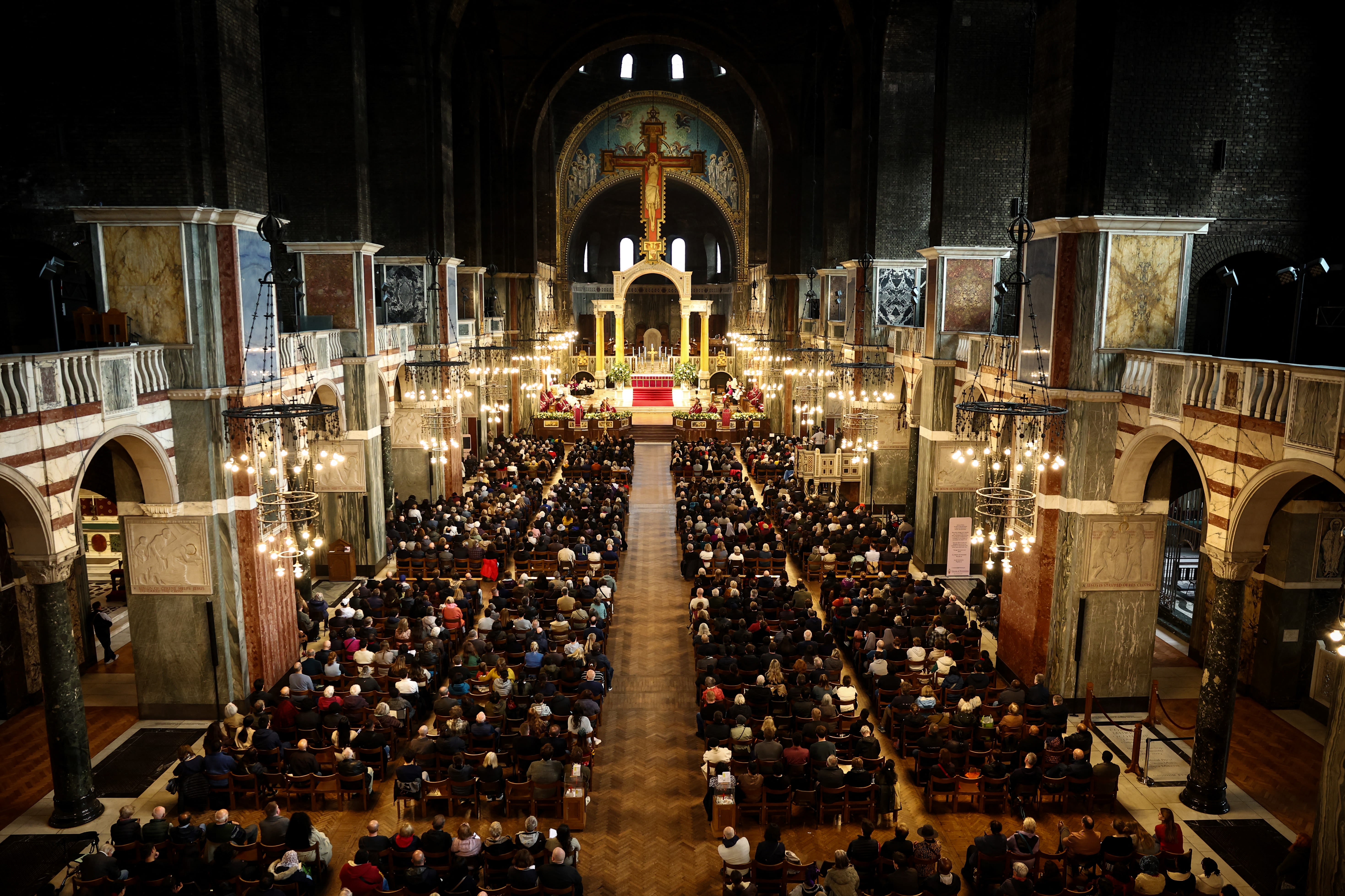 People in London attend a solemn requiem at the Metropolitan Cathedral of the Most Precious Blood, informally known as Westminster Cathedral.