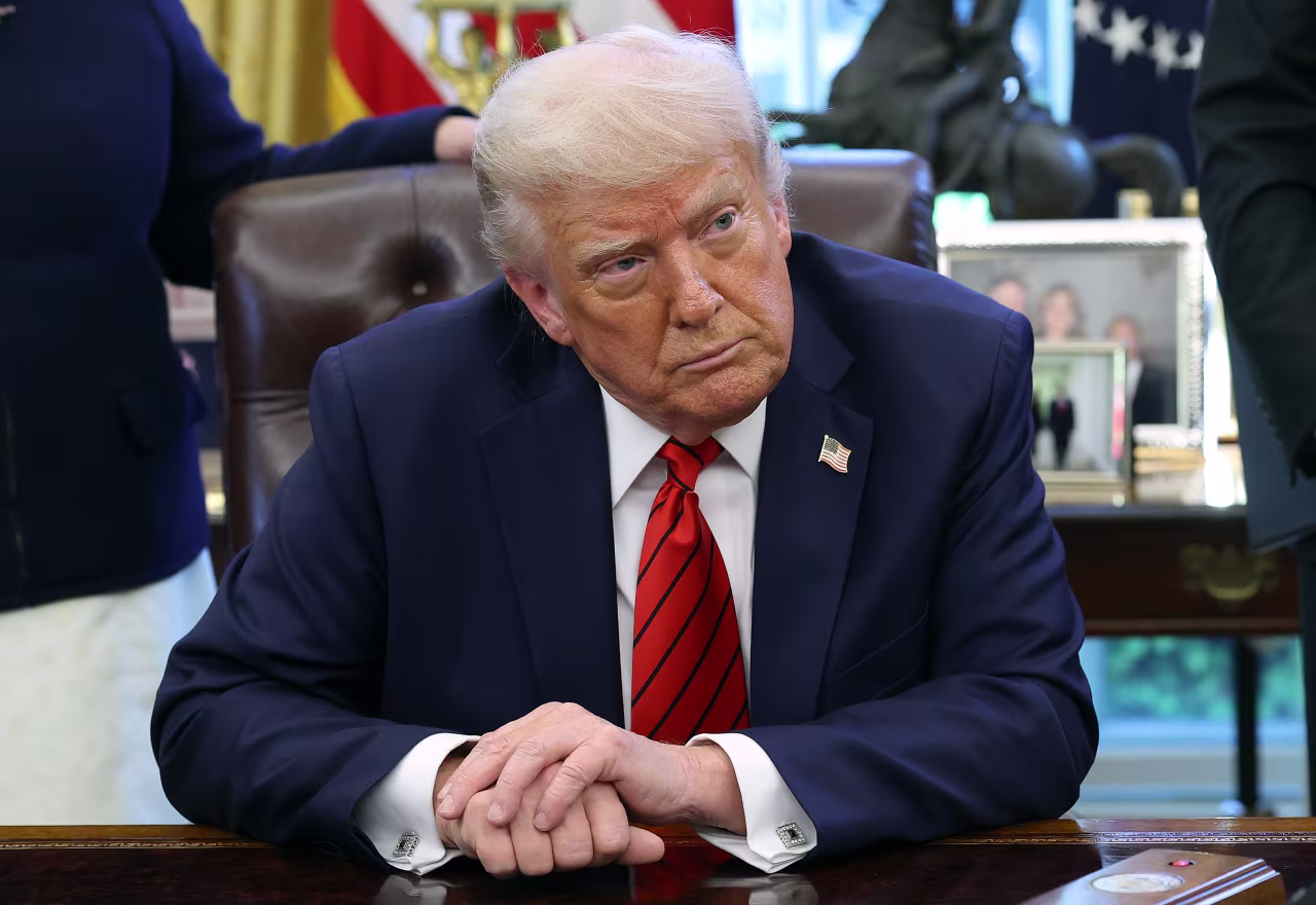 President Donald Trump speaks to reporters in the Oval Office at the White House on Thursday in Washington, DC.