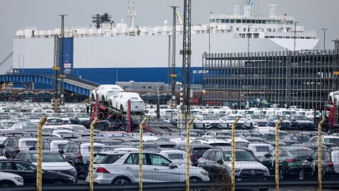 BREMERHAVEN, GERMANY - APRIL 22: Cars of German car maker Mercedes and other brands stand at the automotive terminal of Bremerhaven port in front of the automotive carrier ship RCC Antwerp on April 22, 2025 in Bremerhaven, Germany. German automakers are facing continued uncertainty over the tariffs policy of U.S. President Donald Trump. While Trump has imposed a 25% tariff on European cars and auto parts imports, he has also suggested he may rescind these tariffs in some form. He said too he expects to reach a "deal" with the EU over tariffs soon. (Photo by Focke Strangmann/Getty Images)
