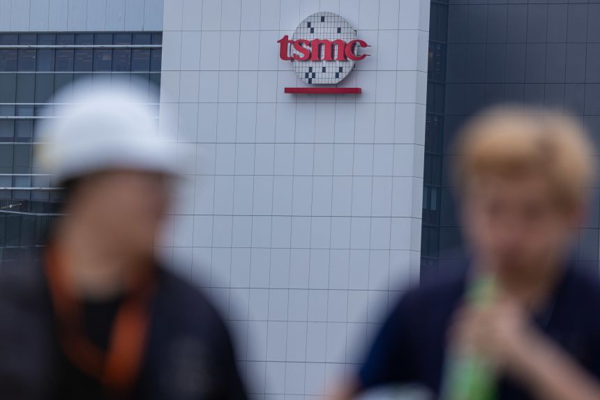Logo of Taiwan Semiconductor Manufacturing Co Ltd (TSMC) is pictured at Hsinchu Science Park in Hsinchu, Taiwan, on April 18, 2025.