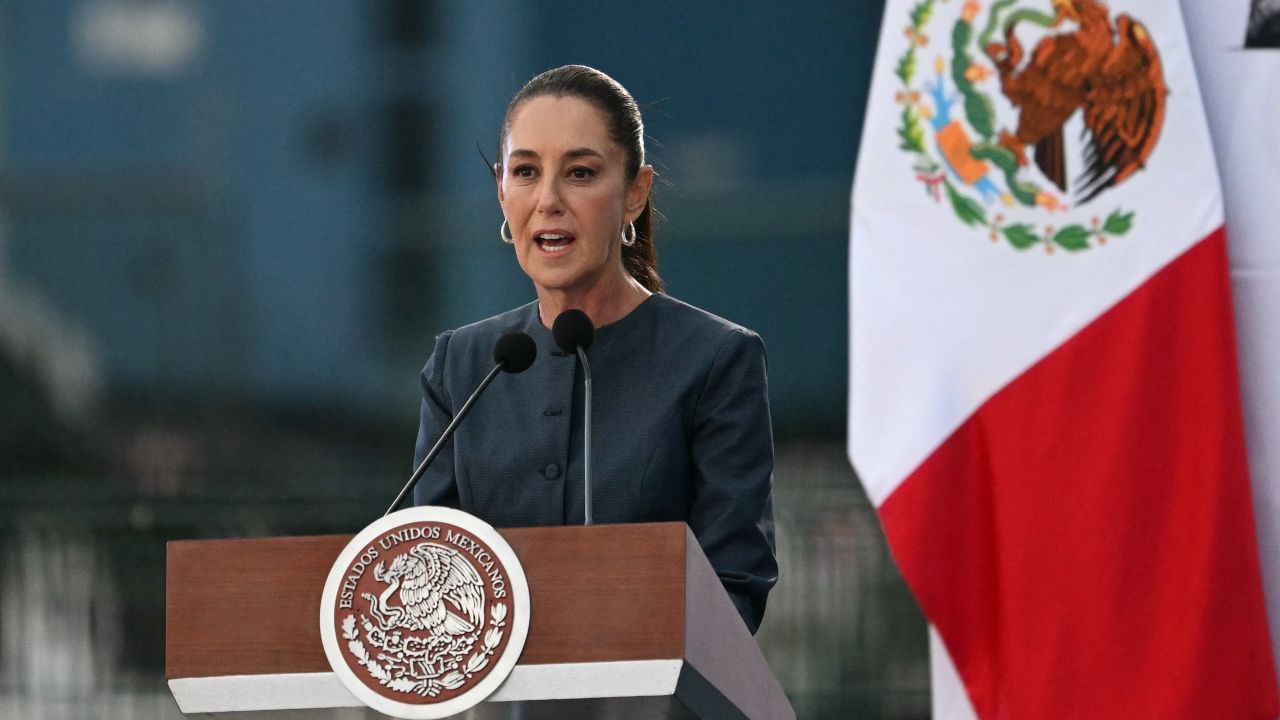 Mexico's President Claudia Sheinbaum speaks during the opening ceremony of the Mexico 2025 Aerospace Fair in Santa Lucia Air Base near Mexico City on April 22, 2025. (Photo by YURI CORTEZ / AFP) (Photo by YURI CORTEZ/AFP via Getty Images)          