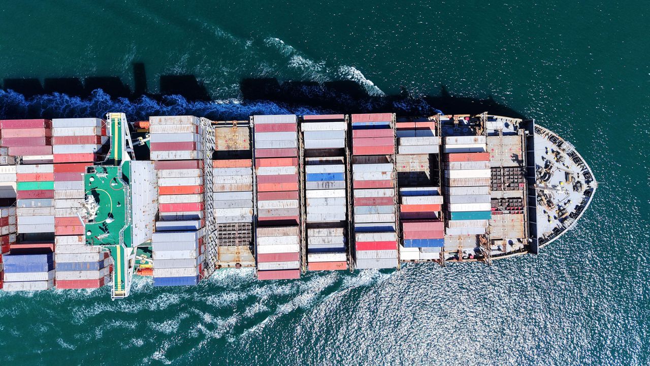 A cargo ship carrying foreign trade containers departs from Qingdao Port of Shandong Port Group in Qingdao City, Shandong Province, China, on April 23.