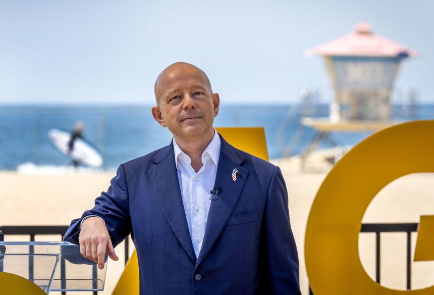 Steve Hilton announces his campaign for California governor in Huntington Beach, California, on April 22.