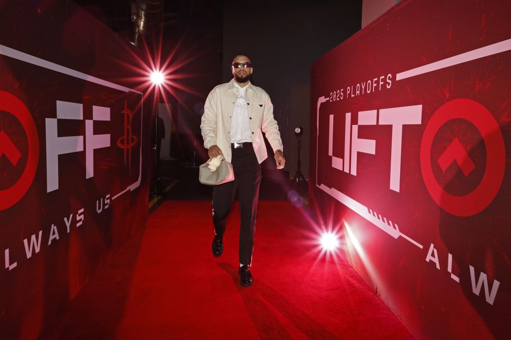 Dillon Brooks arrives before the Houston Rockets' 2025 NBA Playoff game against the Golden State Warriors.