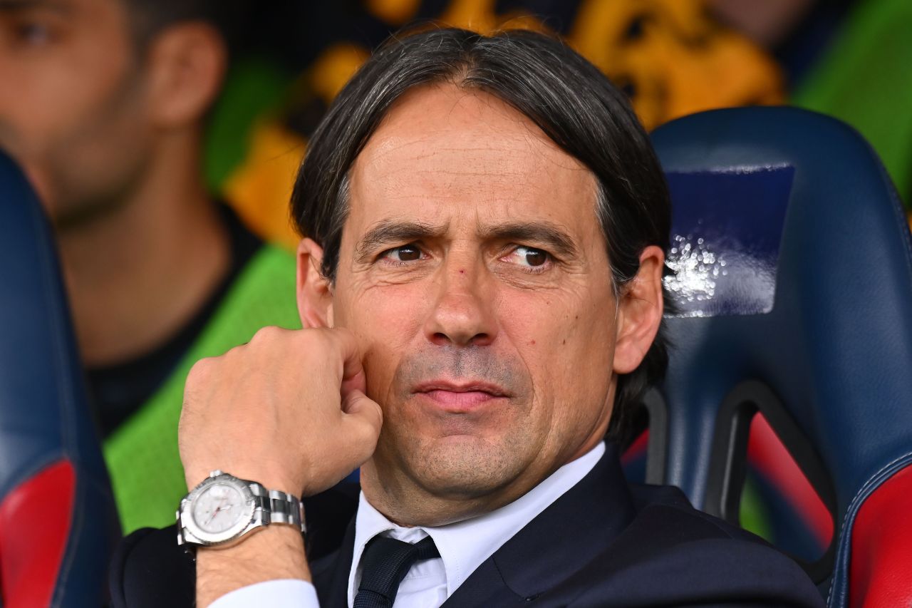 Inter manager Simone Inzaghi watches from the bench during the Serie A defeat to Bologna on April 20.