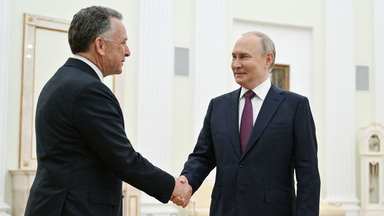 In this pool photograph distributed by Russian state agency Sputnik, Russia's President Vladimir Putin (R) greets US Special Envoy Steve Witkoff (L) prior to their talks in Moscow on April 25, 2025. (Photo by KRISTINA KORMILITSYNA / POOL / AFP) (Photo by KRISTINA KORMILITSYNA/POOL/AFP via Getty Images)          