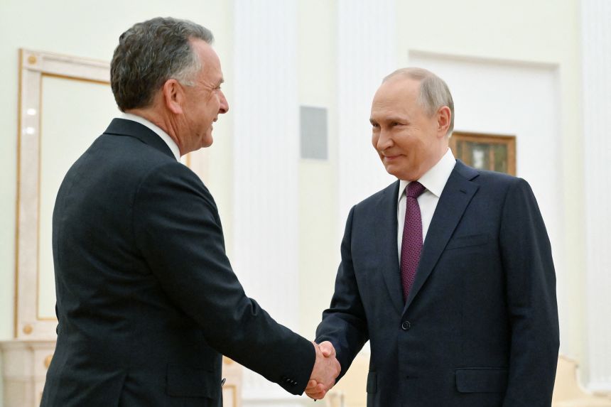 Russia's President Vladimir Putin, right, greets US Special Envoy Steve Witkoff prior to their talks in Moscow on April 25.