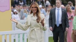 WASHINGTON, DC - APRIL 21: First lady Melania Trump greets guests durning the White House Egg Roll on the South Lawn of the White House on April 21, 2025 in Washington, DC. The White House is expecting thousands of children and adults to participate in the annual tradition of rolling colored eggs down the White House lawn, which was started by President Rutherford B. Hayes in 1878. (Photo by Anna Moneymaker/Getty Images)