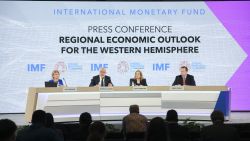 Rodrigo Valdes, Director, Western Hemisphere Department, IMF (second from left), speaks alongside (L-R) Julie Ziegler, Senior Communications Officer, IMF, Ana Corbacho, Deputy Director, Western Hemisphere Department, IMF, and Nigel Chalk, Deputy Director, Western Hemisphere Department, IMF, during a press conference titled 'Regional Economic Outlook for the Western Hemisphere' at the 2025 Spring Meetings of the World Bank Group (WBG) and the International Monetary Fund (IMF) in Washington, D.C. on April 25, 2025. (Photo by Bryan Dozier / Middle East Images / Middle East Images via AFP) (Photo by BRYAN DOZIER/Middle East Images/AFP via Getty Images)