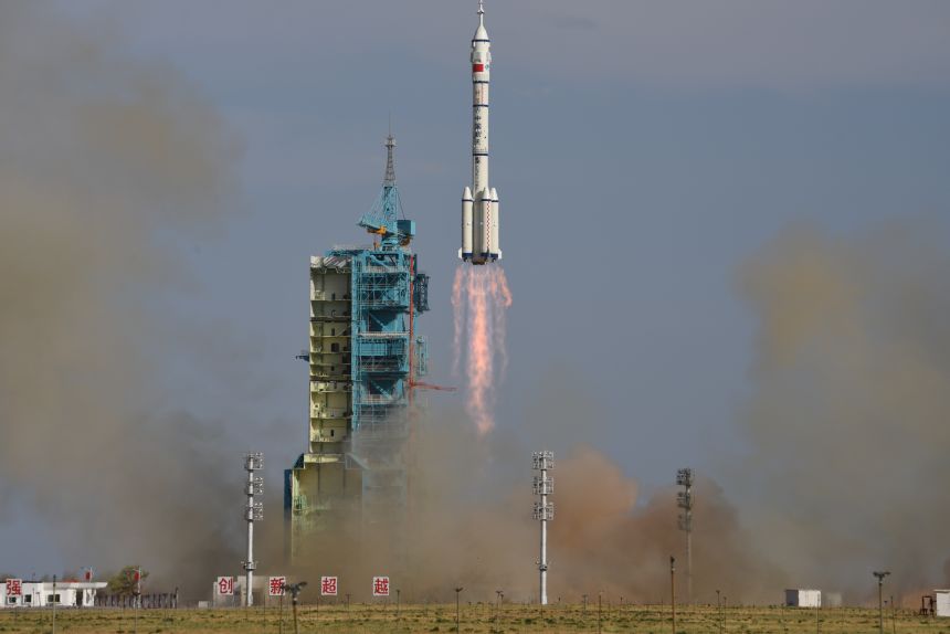 The Shenzhou-20 crewed spaceship blasts off from the Jiuquan Satellite Launch Center, atop the Long March-2F carrier rocket, carrying taikonauts to China's space station on April 24, in Jiuquan, China.