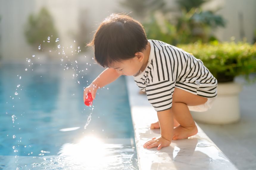 Never leave children alone by the water, and remind them to ask for help if they want to reach something in the pool.