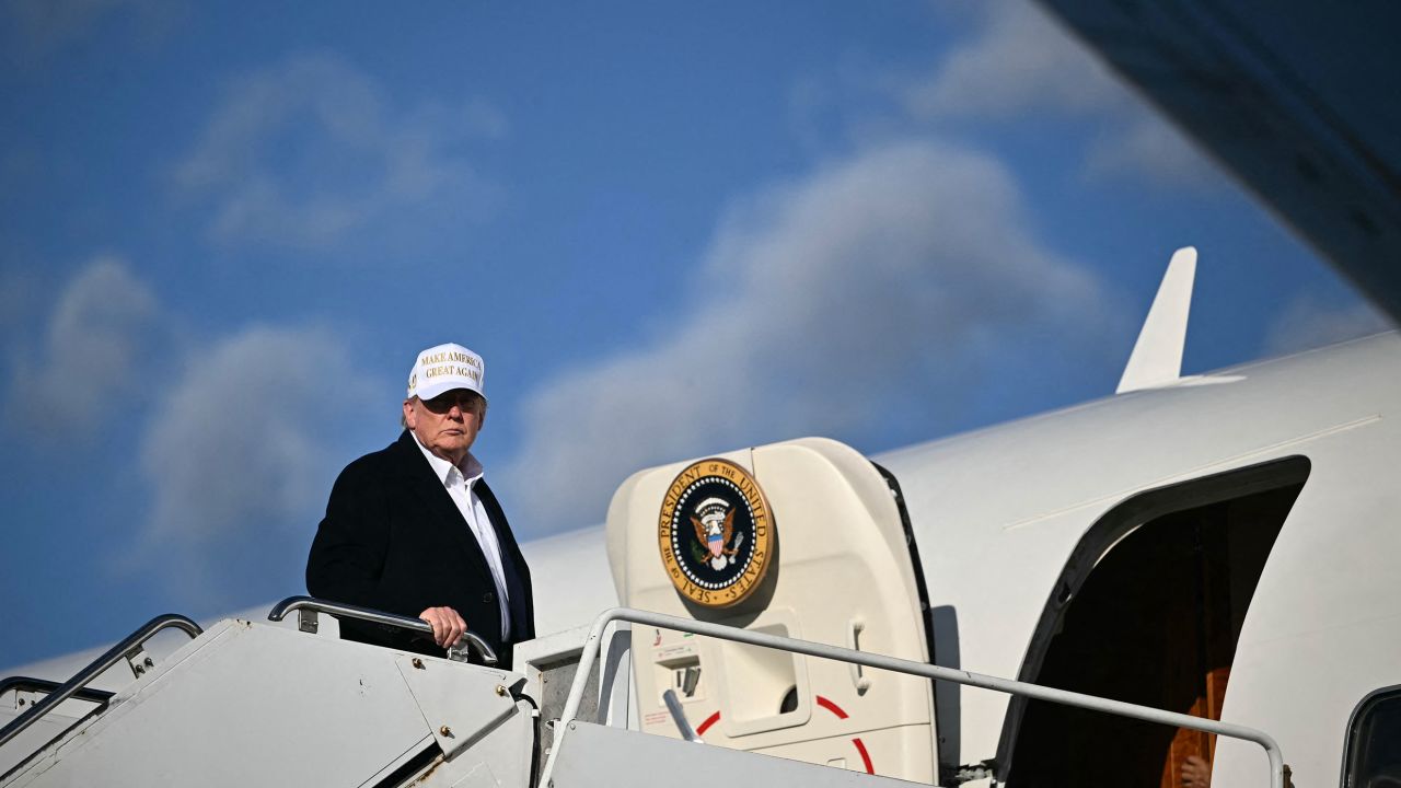 US President Donald Trump boards Air Force One upon departure at Morristown Municipal Airport in Morristown, New Jersey, on April 27, 2025. Trump is returning to Washington, DC, from his residence in Bedminster, New Jersey, after traveling to Rome for the funeral of Pope Francis. (Photo by Mandel NGAN / AFP) (Photo by MANDEL NGAN/AFP via Getty Images)          