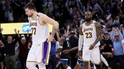 Minneapolis, Minnesota, Sunday, April 27, 2025 -  Los Angeles Lakers guard Luka Doncic (77) and Los Angeles Lakers forward LeBron James (23) leave the court after loss to Timberwolves. The LA Lakers and the Minnesota Timberwolves in game three of the NBA playoffs, at the Target Center.  (Robert Gauthier/Los Angeles Times via Getty Images)
