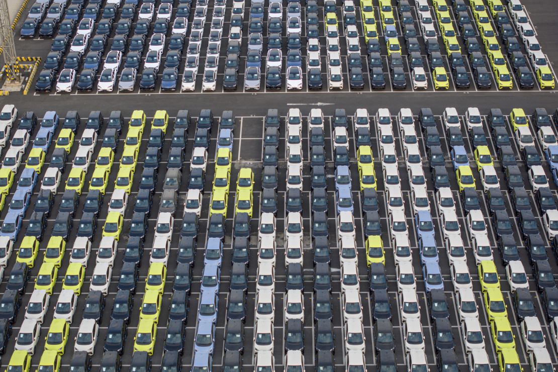 BYD electric cars waiting to be loaded to the automobile carrier BYD