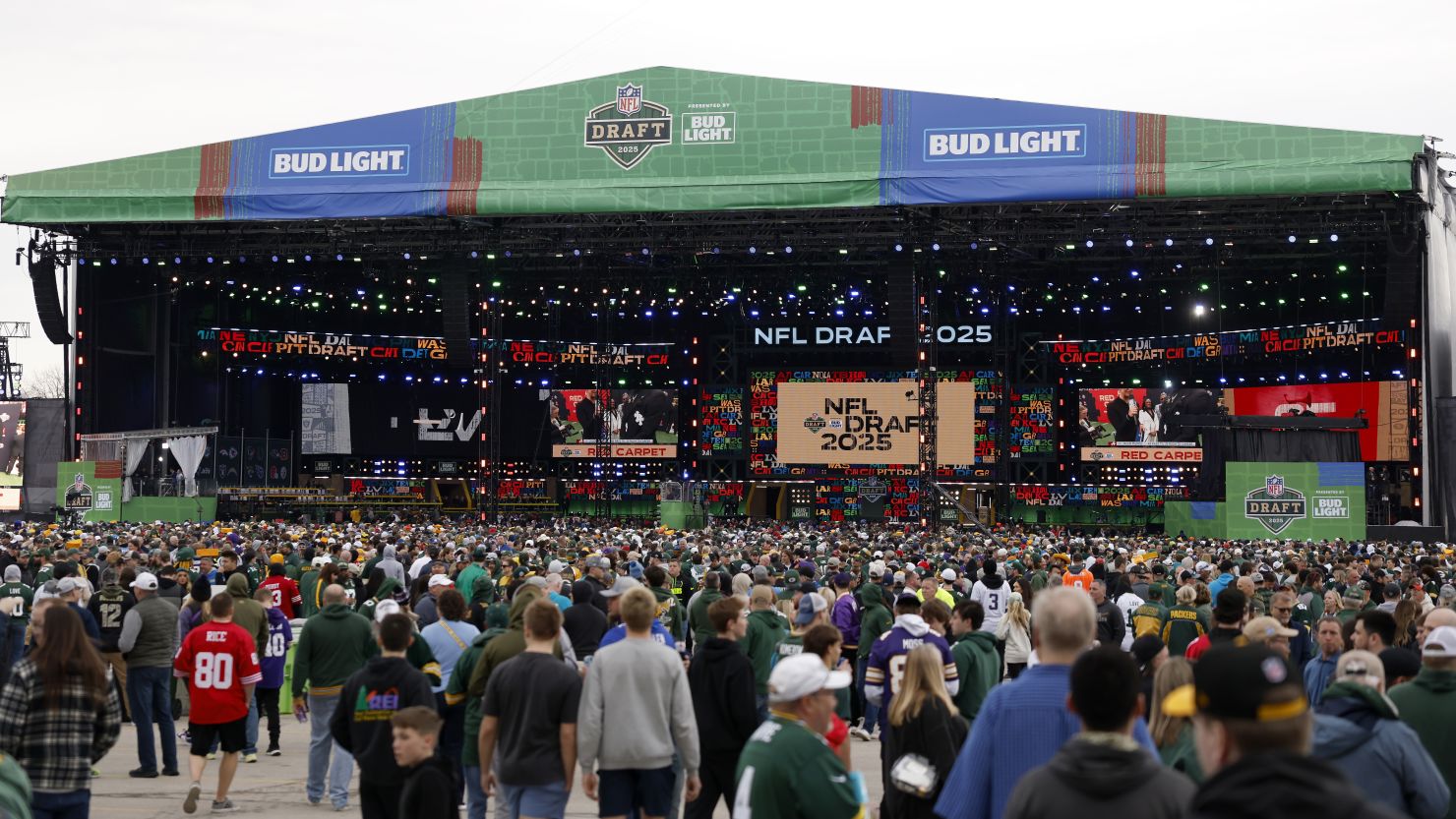 Fans gather at the NFL draft stage before the first round of the 2025 NFL draft at Lambeau Field on Thursday.