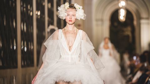 BARCELONA, SPAIN - APRIL 24: Models walk the runway at the Vivienne Westwood fashion show during Barcelona Bridal Fashion Week 2025 at the Universitat de Barcelona on April 24, 2025 in Barcelona, Spain. (Photo by Xavi Torrent/Getty Images)