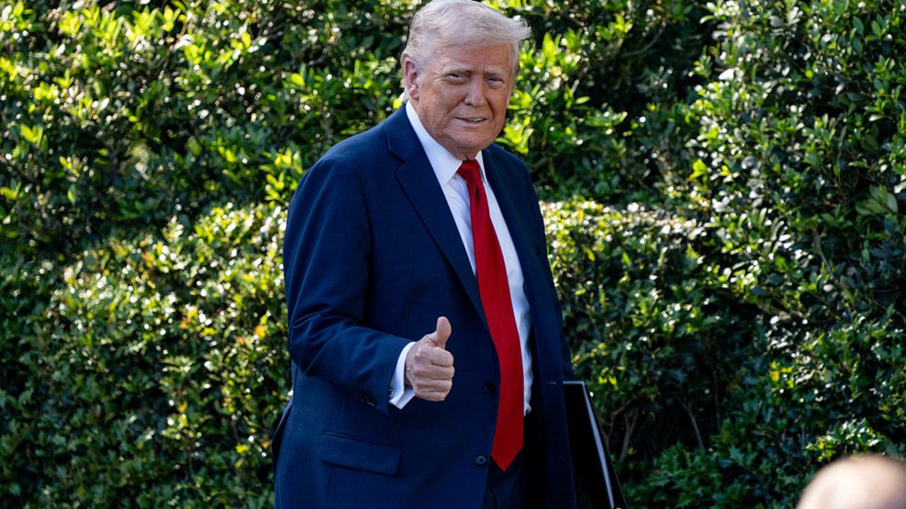 The US President Donald J. Trump appears to celebrate together with the 2025 Super Bowl Champions - The Philadelphia Eagles, on the south lawn of the White House in Washington, D.C. on April 28, 2025. (Photo by Andrew Thomas / Middle East Images / Middle East Images via AFP) (Photo by ANDREW THOMAS/Middle East Images/AFP via Getty Images)          