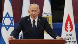 Israeli Prime Minister Benjamin Netanyahu speaks during the annual ceremony at the eve of Israel's Remembrance Day for fallen soldiers (Yom HaZikaron) at the Yad LaBanim Memorial in Jerusalem, on April 29, 2025. (Photo by Abir SULTAN / POOL / AFP) (Photo by ABIR SULTAN/POOL/AFP via Getty Images)          
