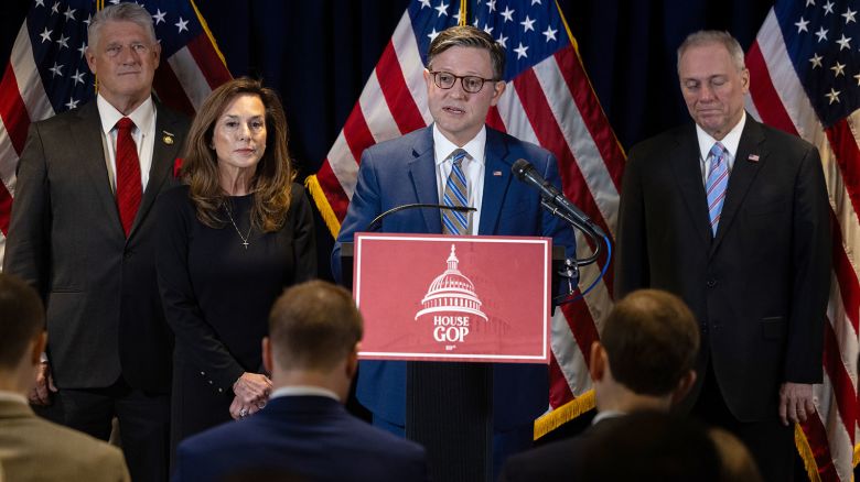 House Speaker Mike Johnson speaks at news conference in Washington, DC, on April 29, 2025.