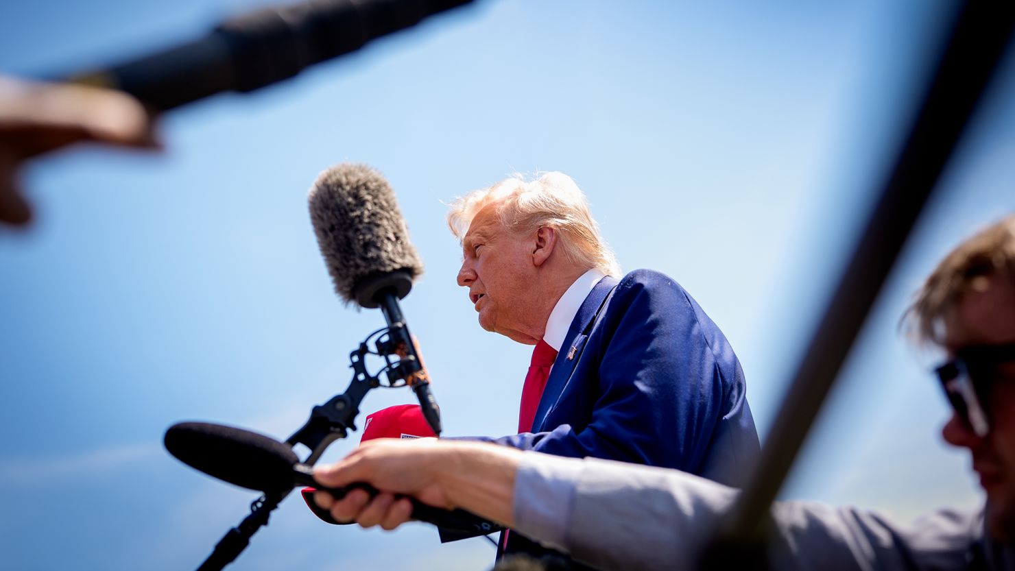President Donald Trump speaks to members of the media before boarding Marine One on the South Lawn of the White House on April 29, 2025, in Washington, DC.