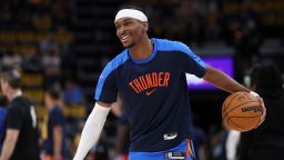 MEMPHIS, TENNESSEE - APRIL 26: Shai Gilgeous-Alexander #2 of the Oklahoma City Thunder warms up against the Memphis Grizzlies before the game of Game Four of the Western Conference First Round NBA Playoffs at FedExForum on April 26, 2025 in Memphis, Tennessee. NOTE TO USER: User expressly acknowledges and agrees that, by downloading and or using this photograph, User is consenting to the terms and conditions of the Getty Images License Agreement. (Photo by Justin Ford/Getty Images)