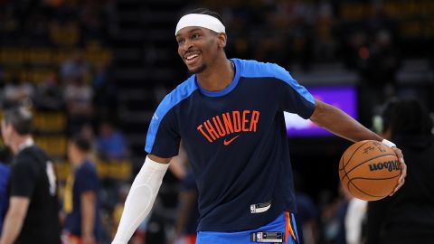 MEMPHIS, TENNESSEE - APRIL 26: Shai Gilgeous-Alexander #2 of the Oklahoma City Thunder warms up against the Memphis Grizzlies before the game of Game Four of the Western Conference First Round NBA Playoffs at FedExForum on April 26, 2025 in Memphis, Tennessee. NOTE TO USER: User expressly acknowledges and agrees that, by downloading and or using this photograph, User is consenting to the terms and conditions of the Getty Images License Agreement. (Photo by Justin Ford/Getty Images)