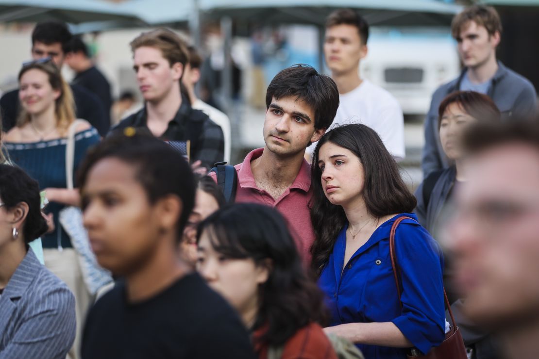 Harvard students listen during a Students for Freedom rally at Science Center Plaza on April 29.